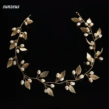 Винтажная повязка на голову с золотыми листьями, с жемчугом, Свадебная лента для волос, цепочка на голову, аксессуары для бракосочетания в стиле барокко SQ0261