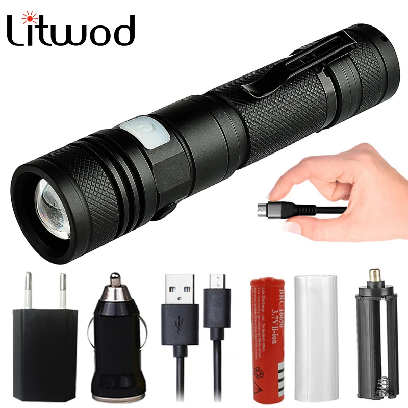 Beste Litwod Z201301 Micro USB Oplaadbare LED Zaklamp Fakkel XML T6 Zoomable 5 Modi Aluminium Lanterna power door 18650 batterij