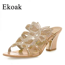 Ekoak nouveau 2016 femmes wedge sandales de mode strass découpe pantoufles d’été chaussures femme avec papillon femmes à talons hauts sandales