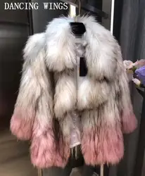 Для женщин зима, натуральная Шуба градиент Цвет мода нагрудные реального трикотажные 100% мех енота пальто
