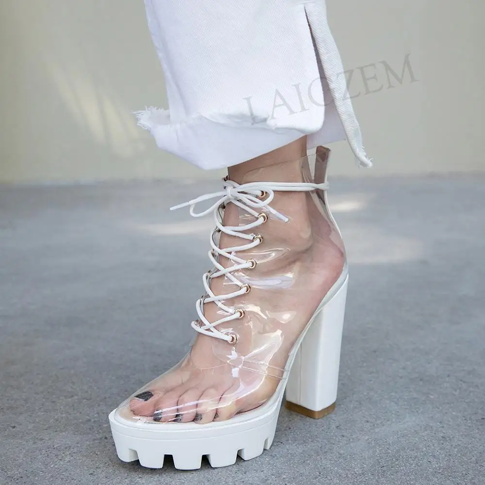 LAIGZEM FASHION Women SUMMER Transparent Clear Ankle Boots Chunky Heels Short Boots Ladies Botines Mujer Small Big Size 33-41 (2)