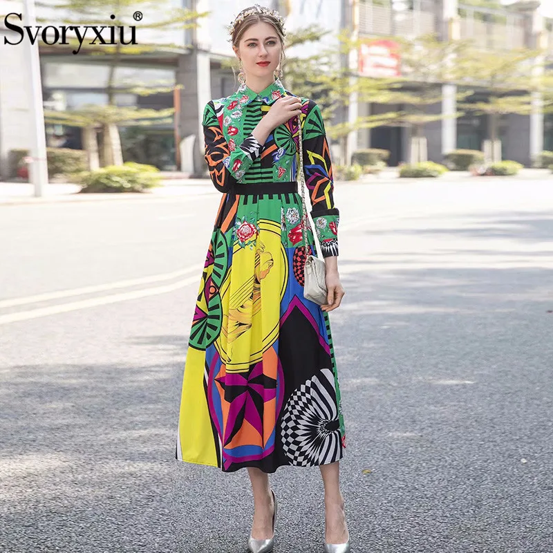 

Svoryxiu Runway Spring Summer Long Sleeve Long Dress Women's Robe Fashion Colourful Print Beach Holiday Maxi Dresses Vestdios