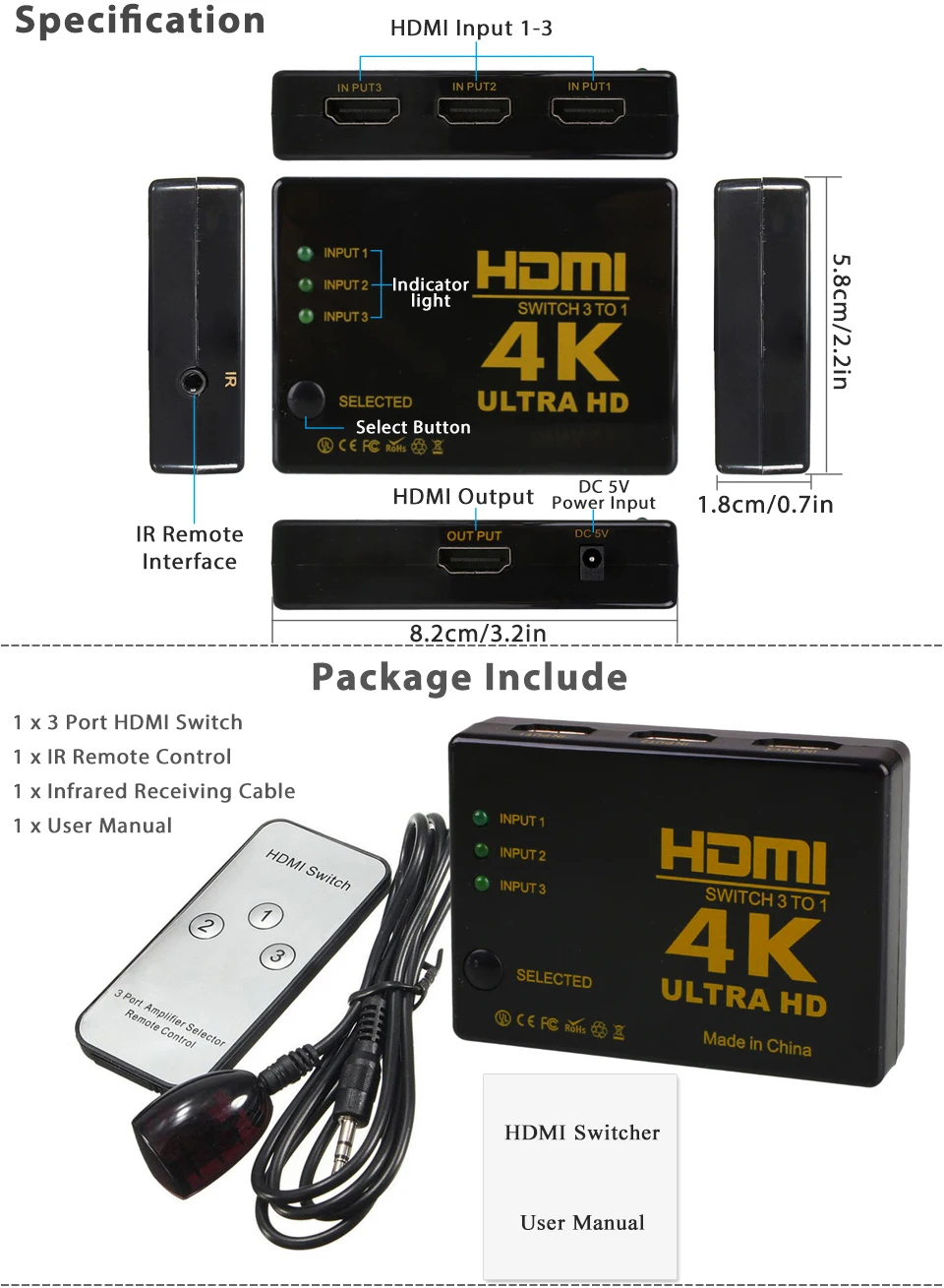 2018 Новый Ultra HD 4 К x 2 К HDMI коммутатор 3x1 3 Порты и разъёмы Switcher 3D 1080 P w/ИК пульт дистанционного