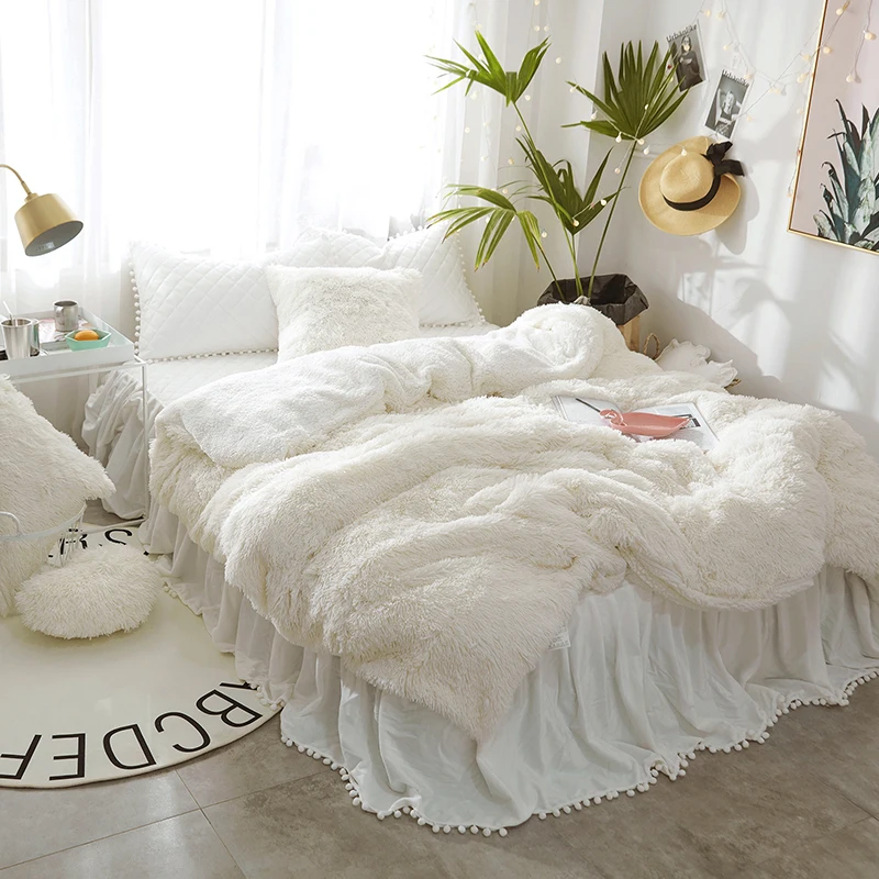 

White Blue Pink Purple Gray Mink Velvet Girls Bedding Set Soft Berber Fleece Duvet Cover Thick Bed Sheet Bed Skirt Pillowcases
