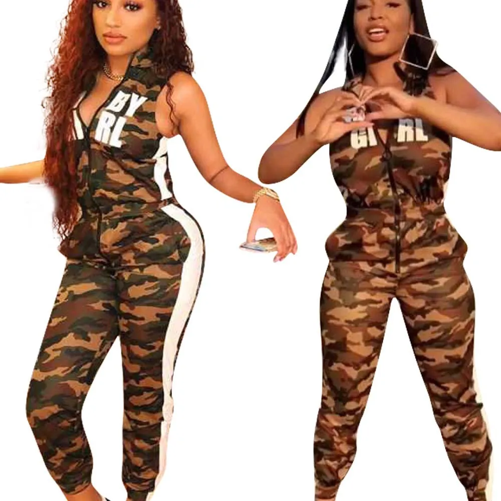 

2018 Autumn Women Jumpsuit Camouflage Printing Casual Bodycon Jumpsuit Letter Printed Sleeveless Zipper V-neck Sportwear Romper