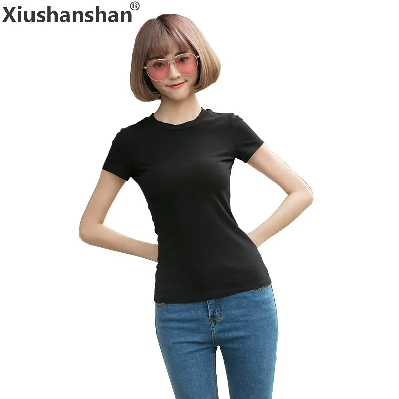 Xiushanshan 12 Цветов одноцветное S XXL с круглым вырезом 2018 хлопок Для женщин футболки и