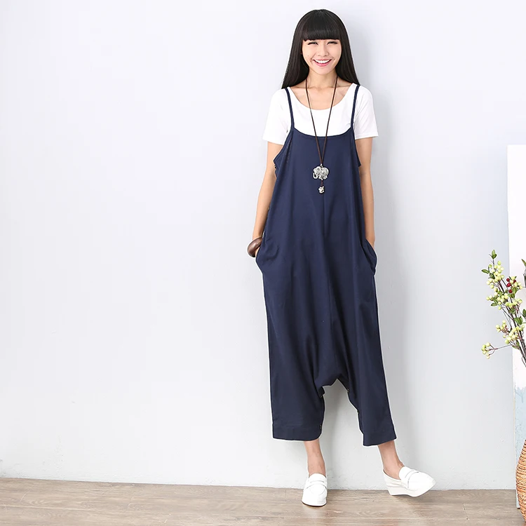 new Summer Fashion Solid Cotton Linen Women Capris Overalls Casual