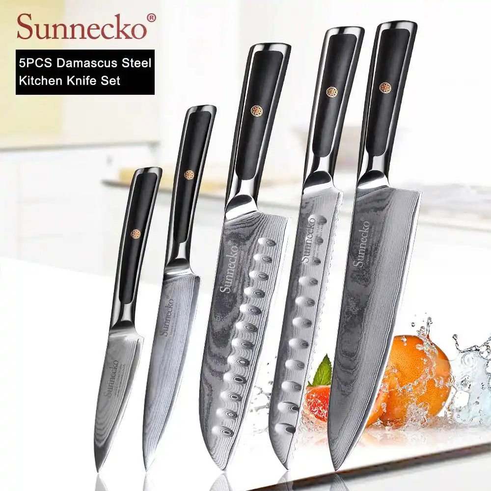 SUNNECKO дамасский нож шеф-повара для очистки хлеба Santoku нож для стейка японский VG10 Сталь G10 ручка для резки мяса набор кухонных ножей - Цвет: 5pcs Set B