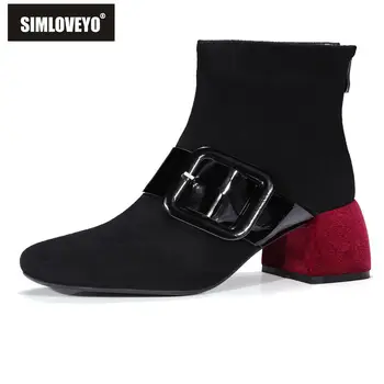 

SIMLOVEYO Ankle Boots for Women Buckle Hoof Heel Zipper Square Toe Female Botas Feminina mujer Thick heel mixed colors C745