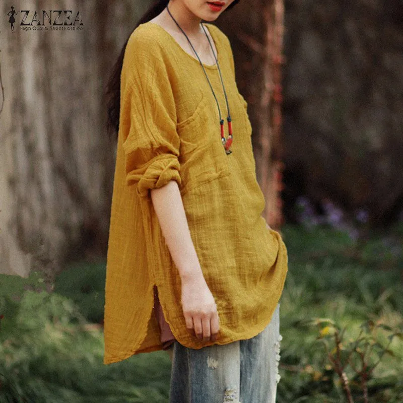 

Oversized 2016 Autumn Women Blouses Tops Casual Loose O Neck Long Sleeve Pockets Cotton Solid Shirts Plus Size Blusas Fenmininas