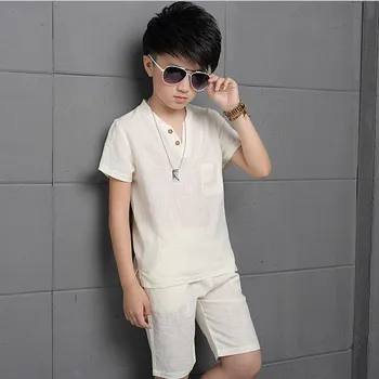 

Summer Boys Clothing Set Fashion Casual Flax Cotton Children Clothes Sets For Color Beige / Light Blue / Dark Blue 110-170
