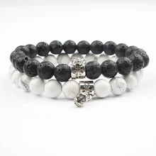 Lingxiang 2Pcs/ set of couple bracelet classic natural stone black and white beaded bracelet for male and female friends to wear beaded and metal triangle decorated bracelet set