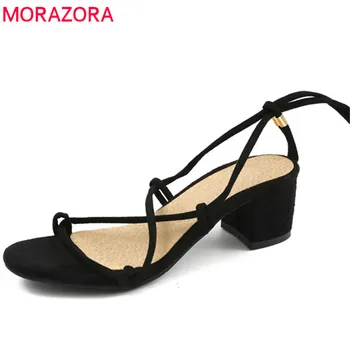 

MORAZORA 2020 new women sandals sexy cross tied summer shoes solid flock big size 33-43 casual shoes high heel shoes woman
