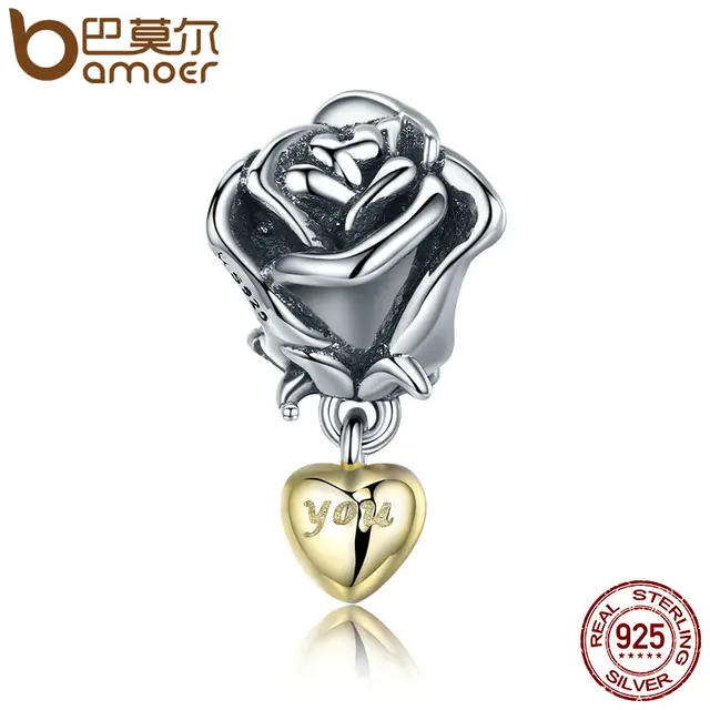 BAMOER Autentico 925 Silver Rose Fiore con Voi nel Cuore Ciondola Fascino misura BAMOER Autentico 925 Silver Rose Fiore con Voi nel Cuore Ciondola Fascino misura