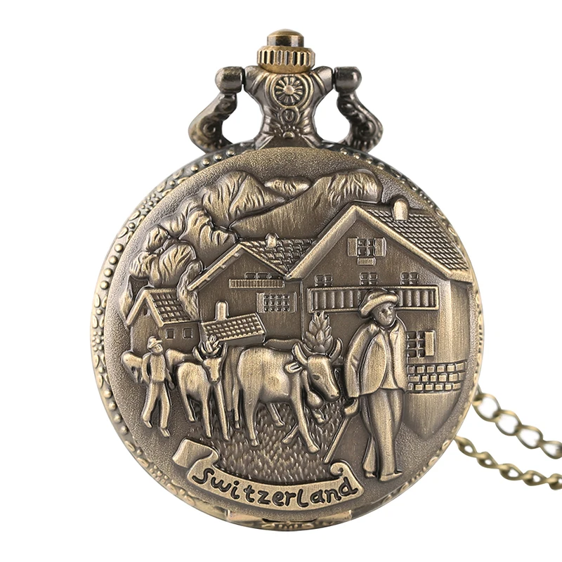 Retro Bronze Switzerland Village Cattle Fob Design Quartz Pocket Watch