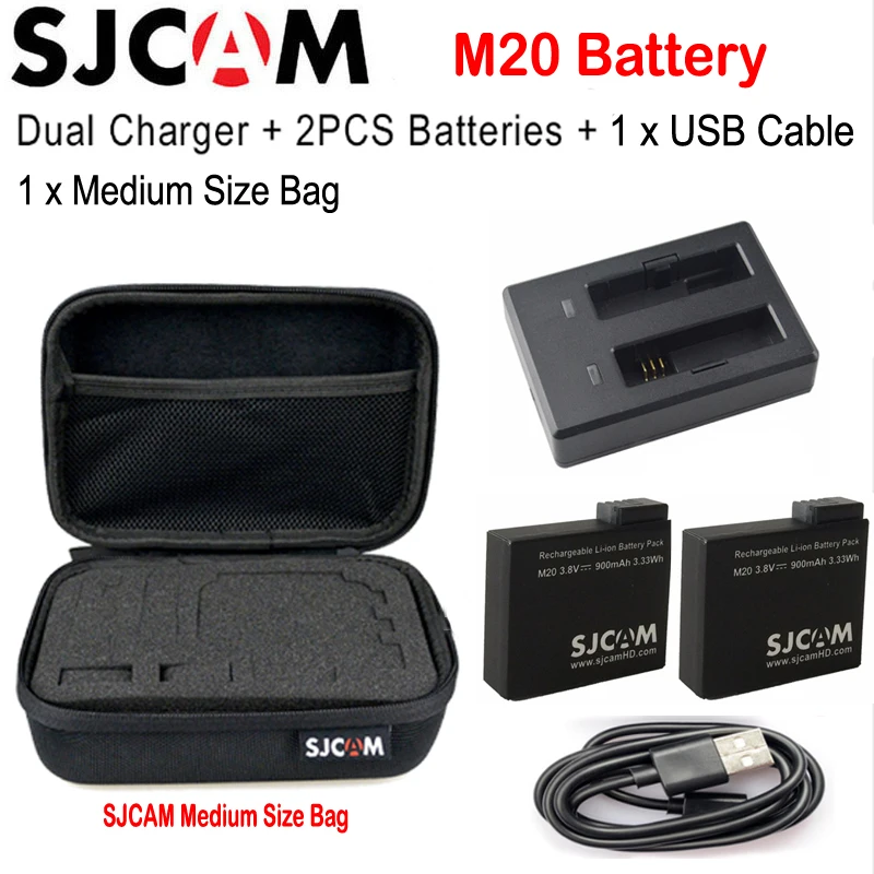 Аккумулятор SJCAM M20(2 шт. батареи+ двойное зарядное устройство) 900 мАч литий-ионный аккумулятор для SJCAM M20/M20 Air Action camera - Цвет: Option 2