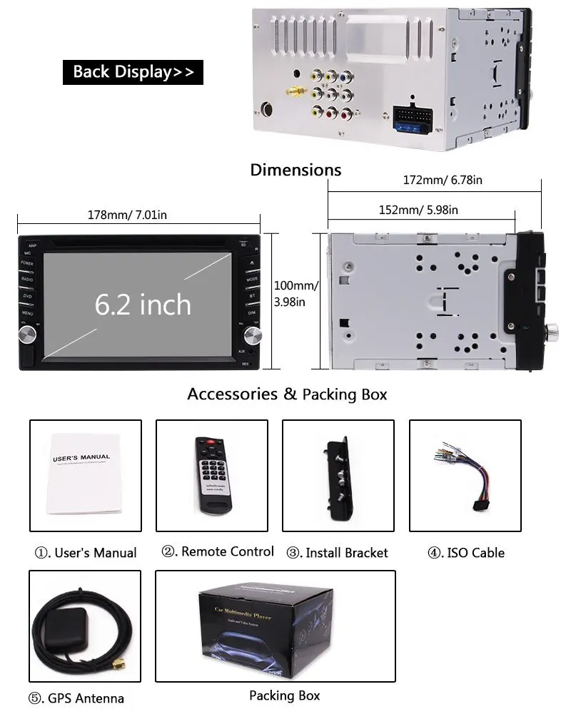 Cheap Car Stereo Autoradio 2Din Touch Screen GPS Navigation Support DVD Video Bluetooth FM Radio Receiver SD/USB Wireless Rear Camera 5
