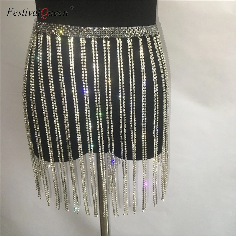 FestivalQueen, Сексуальная мини-юбка с кристаллами и кисточками, металлическая Женская юбка, блестящие стразы, высокая талия, цепочка, юбка для вечеринок, Клубная одежда