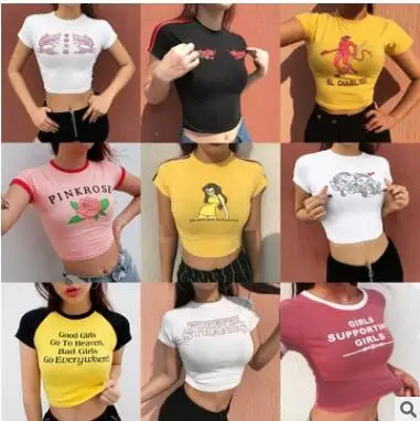 

2019 summer new print round neck slim short-sleeved short T-shirt women tshirt