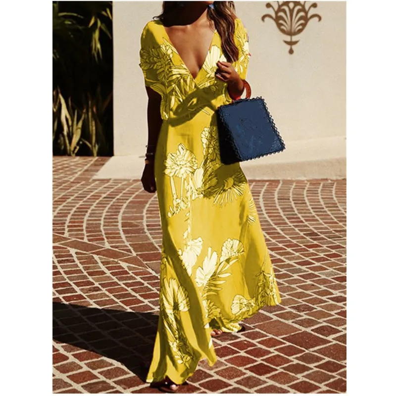 

Fashion Floral Print Beach Long Dress Women 2019 Summer Sexy Deep V-Neck Party Dress Casual Short Sleeve Boho Dresses