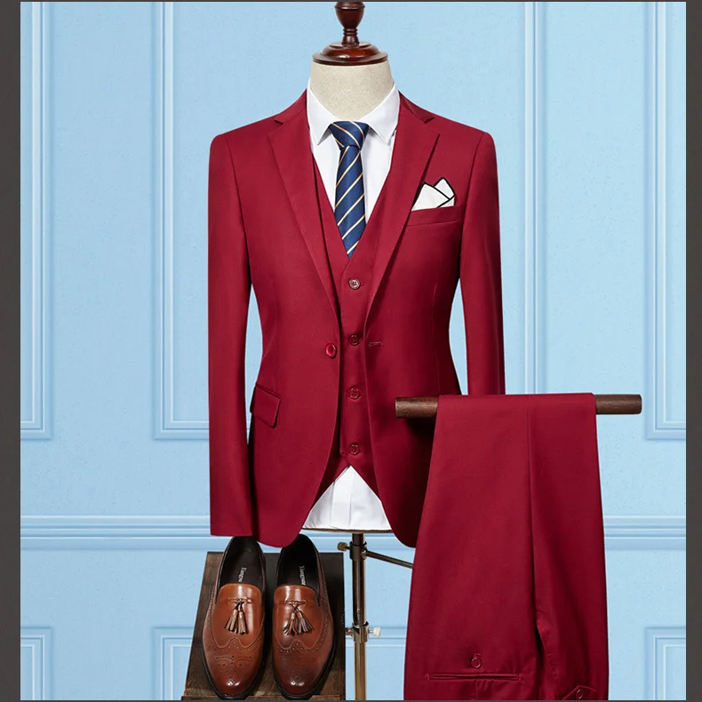Мужской костюм, комплект из 3 предметов (куртка + жилет + брюки), высококачественный деловой Повседневный однотонный тонкий пиджак, модные