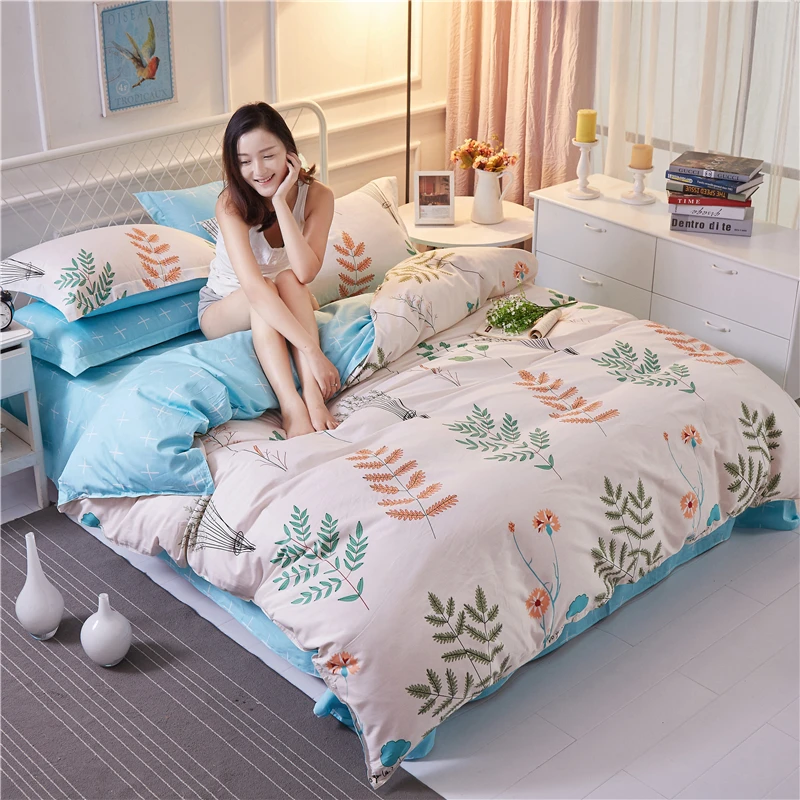 

100%cotton Home Textile King Queen Twin Bed Girl Kid Teen Bedding Set Green Leaf Duvet Quilt Cover Pillowcase Flat Bed Sheet 4pc