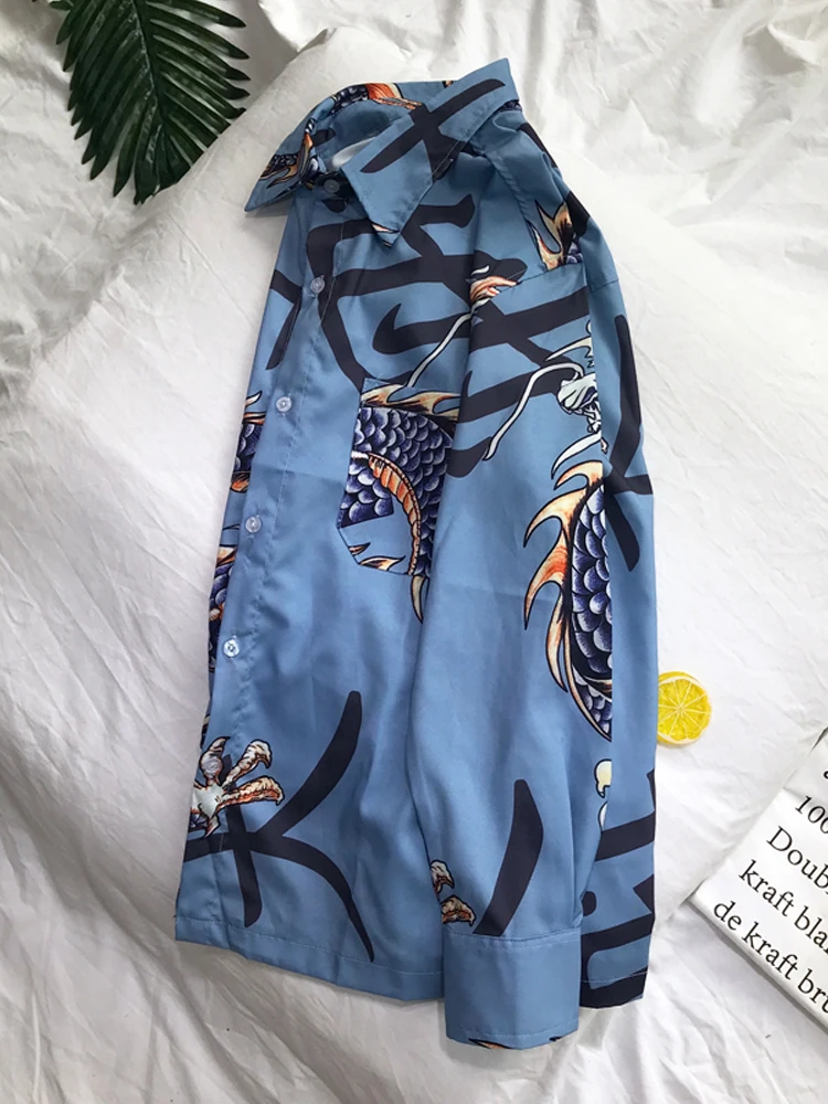 Dark Icon Dragon Printed Chinest Stylish Long Sleeved Shirt 2019 Spring Hip Hop Shirt Men Turn-down Collar Men's Shirts