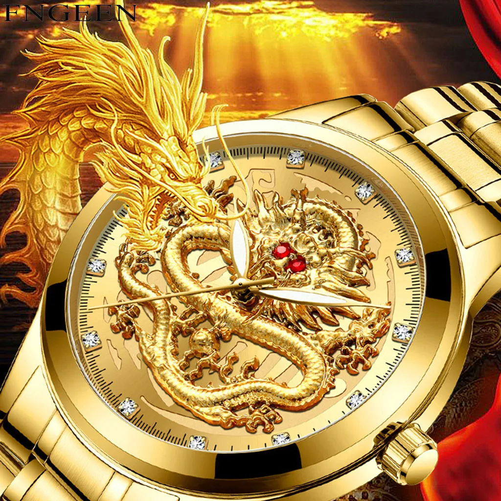 FNGEEN Топ Бренд роскошные золотые мужские без механические часы 3D ЧПУ жизнь водонепроницаемый дракон лицо полностью Твердые часы наручные часы Dropshippi