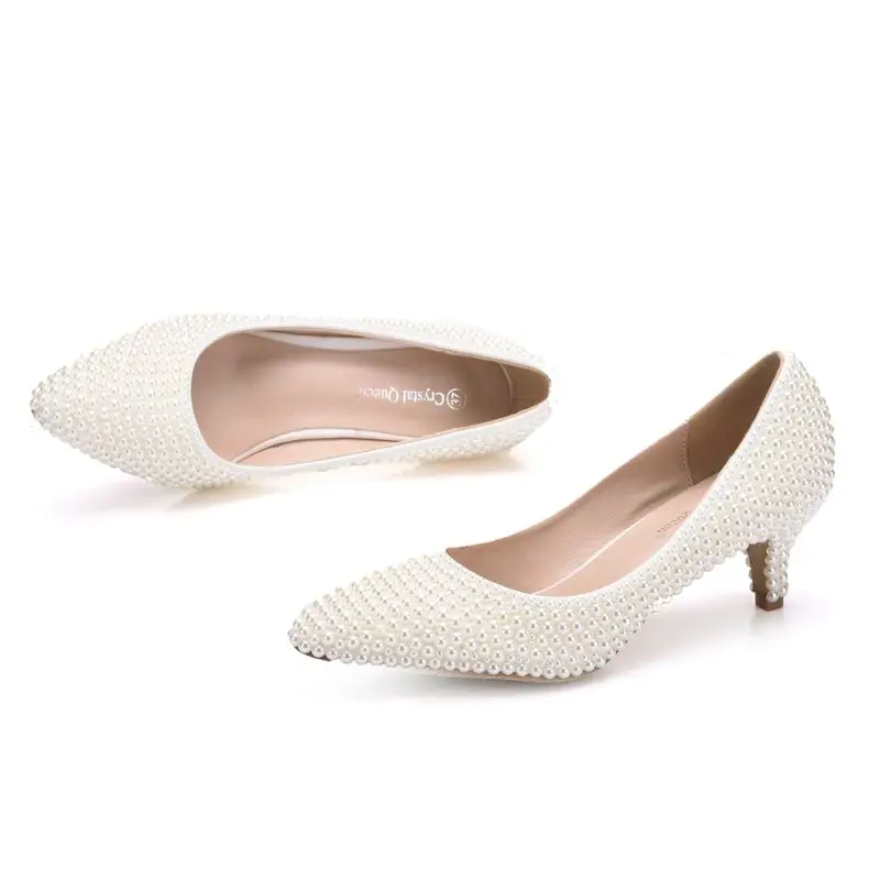 Свадебная обувь с белыми жемчужинами и кристаллами; Свадебная женская обувь; элегантные вечерние туфли на каблуке; модельные туфли-лодочки на высоком каблуке 5 см; размер 43