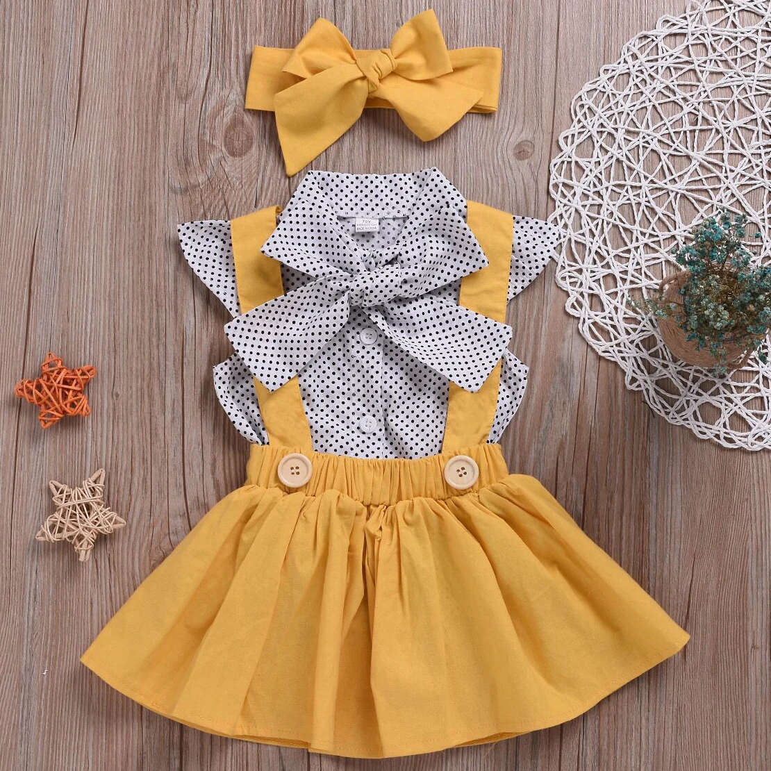 

Baby Girls Clothes Sets 2019 Summer Dot Flying Sleeve Top+strap Dress+Headband 3-piece Kids Children's Clothing Suit