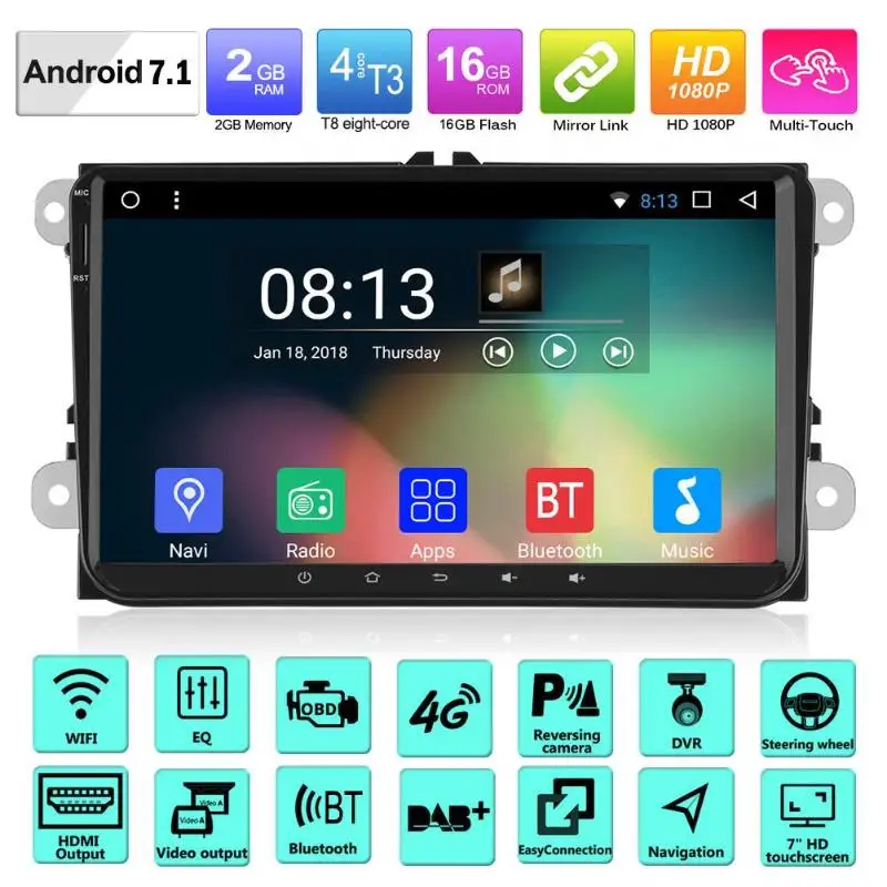 

VODOOL 9in LCD Screen Android 7.1 1080P 2G+16G Car Stereo MP5 Player 3G 4G WiFi Bluetooth Quadcore FM/AM Radio USB GPS for VW