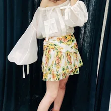 Летний золотой Surfer плиссированная юбка-цитрусовые штамп Цветочный принт Асимметричный завернутый талии Панель и Многоуровневое мини-юбка