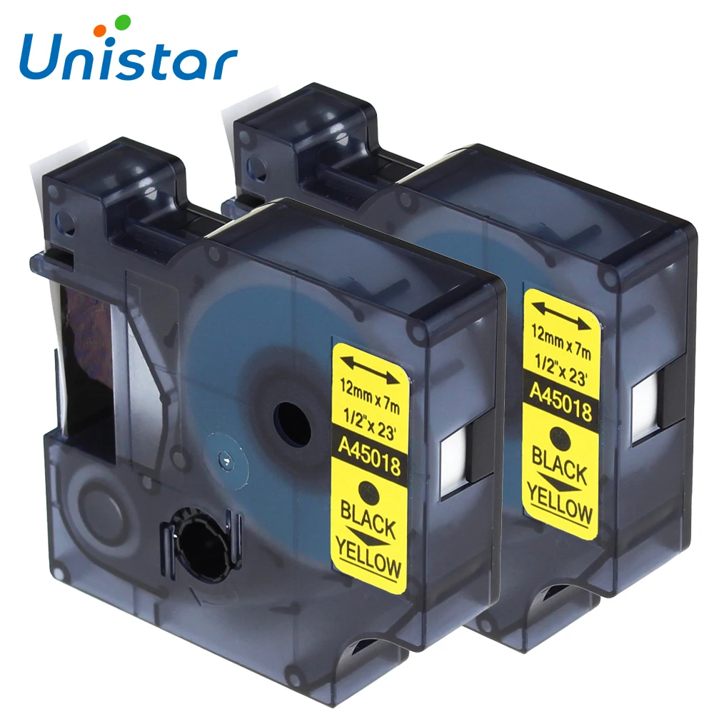 

Unistar 2pcs 45018 Compatible for DYMO and for D1 Label Tapes 12mm black on Yellow 45018 LabelManager 160 280 420P PnP 220P 360D