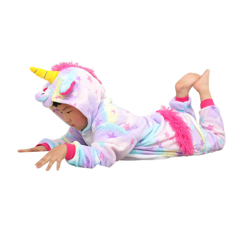 Милые для детей, кигуруми, пижама в виде единорога из мультфильма, косплей фланелевые пижамы для 3-10years Детские теплые носки для мальчиков и девочек, комплект одежды для сна