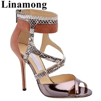 

Newest Snakeskin Pattern Mixed Colors Summer Sezy Thin High Heel And Open Toe Cover Heel Rear Zipper Women Sandals Shoes