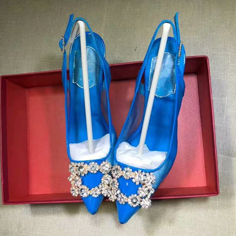 

Air Mesh Women Pumps Sexy Stiletto High Heels Shoes Luxury Rhinestone Runway Pointed Toe Buckle Strap Women Party Wedding Shoes