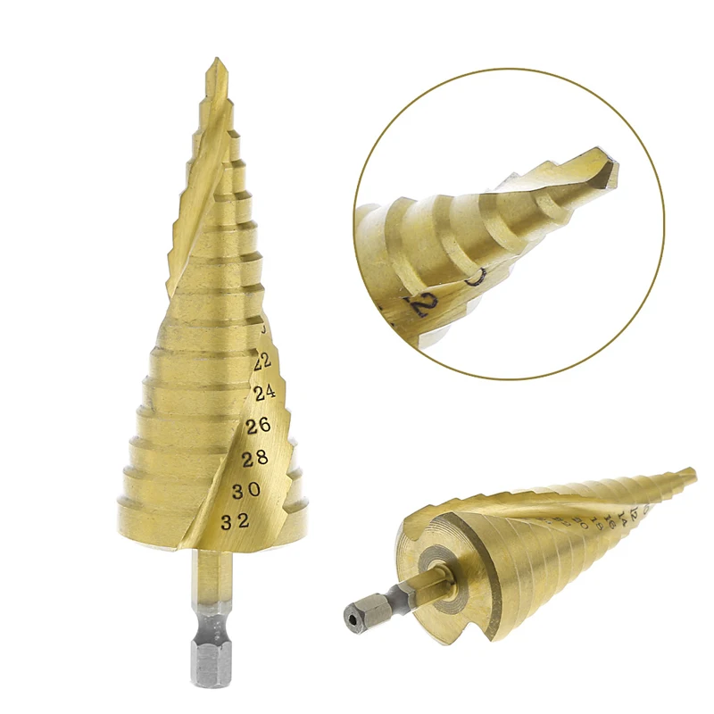 

HSS Grooved Step Cone Drill Drills Bit 1/4" Hex Shank 4mm-32mm Spiral Hole Cut #Sep.08