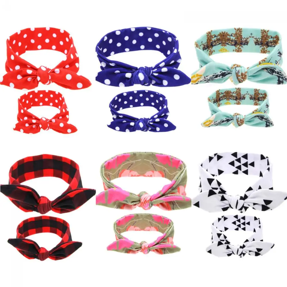 

2Pc/Set DIY Mom Mother & Newborn Girl Rabbit Ears Headband Plaid Bow Hairband Turban Knot Headwrap Hair Band Accessories