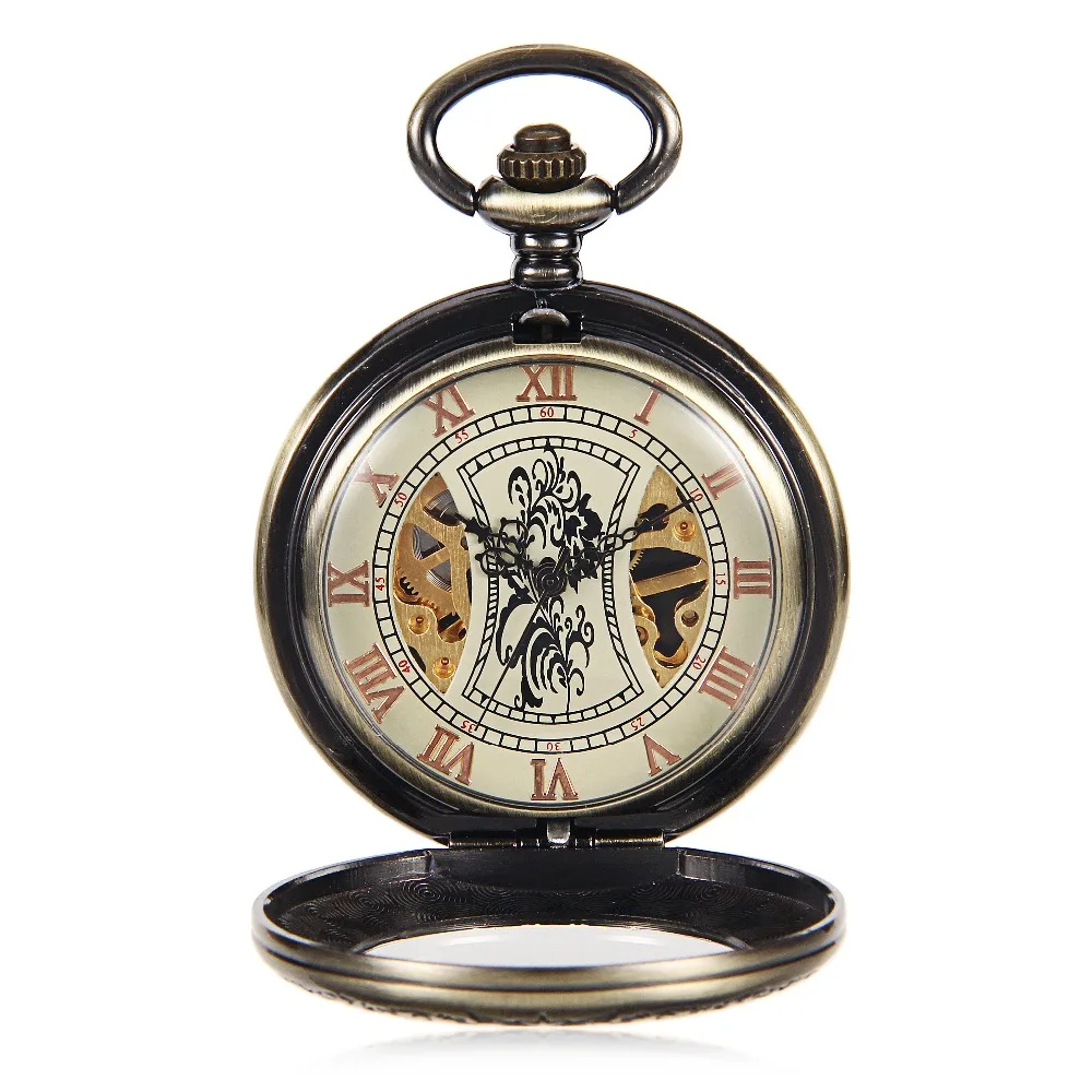 20 шт. много римскими цифрами Античная Скелет Механические карманные часы Для мужчин бронзовый тон рука ветер стимпанк часы Reloj де bolsillo