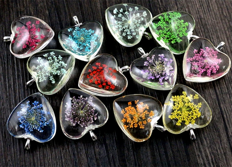 

3pcs 32*25*12mm Hot sale Jewelry Crystal Glass Real Dried Flower Big Heart Necklace Pendant; Necklaces For Women -N7-01