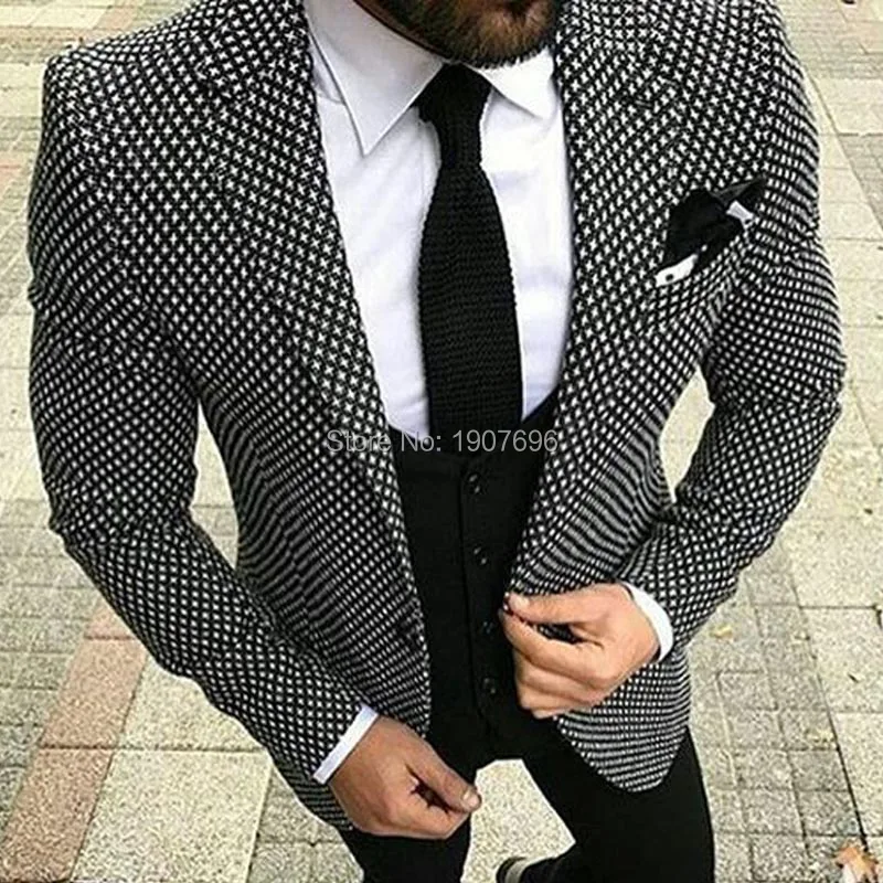 Grid Cloth Men Suits 2018 Wedding Groom Tuxedos Slim Fit Three Piece Jacket Pants Vest Notched Lapel Man Clothing Blazer