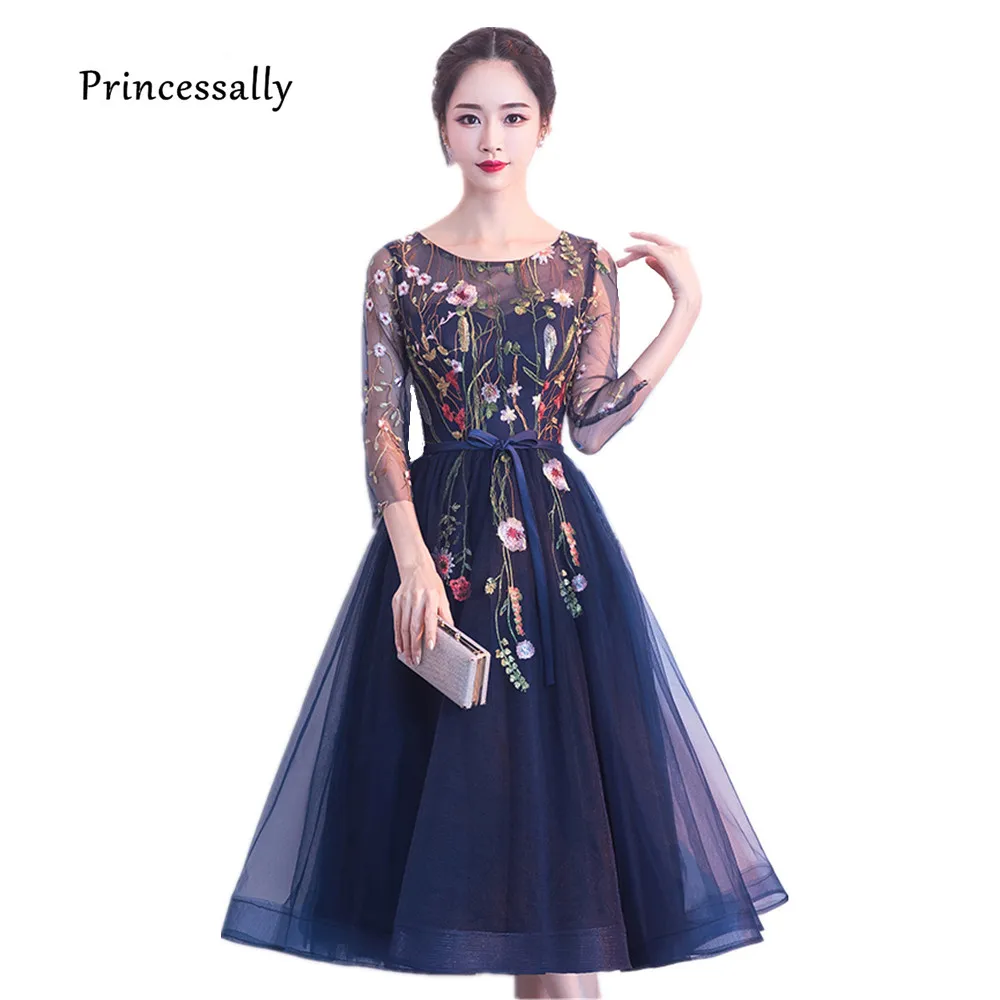 Новинка темно синие вечерние платья Princessally кружевное платье длиной ниже колена с