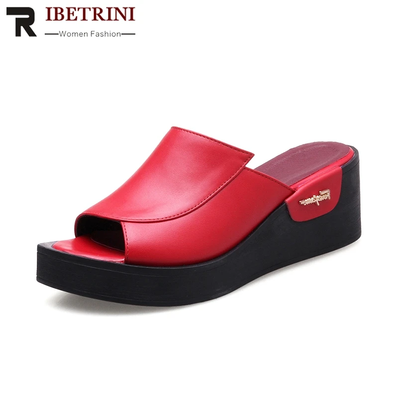 

RIBETRINI 2019 New Fashion Genuine Leather Open Toe Casual Slipper Woman Shoes Hot Sale Outside Shoes Woman Slipper Female
