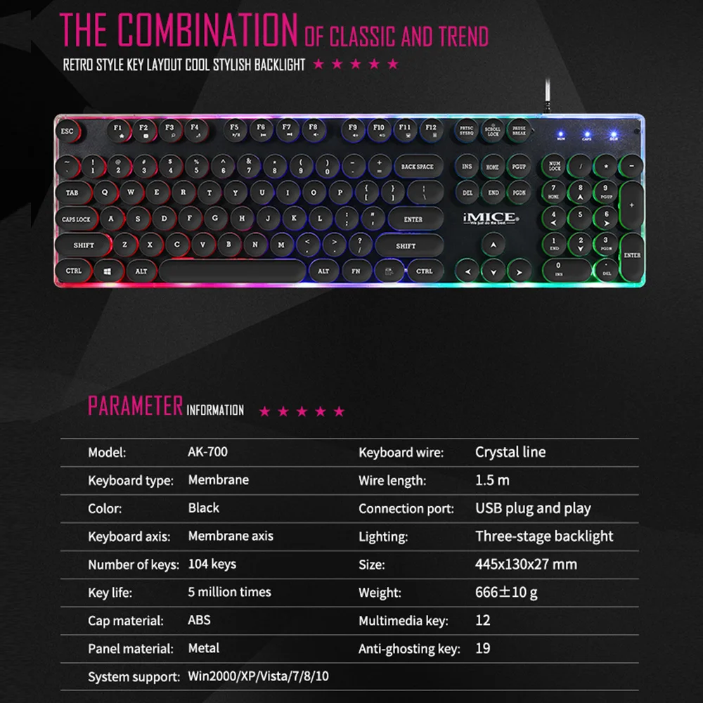 Игровая клавиатура iMice в стиле стимпанк с радужной подсветкой 104 клавиш USB