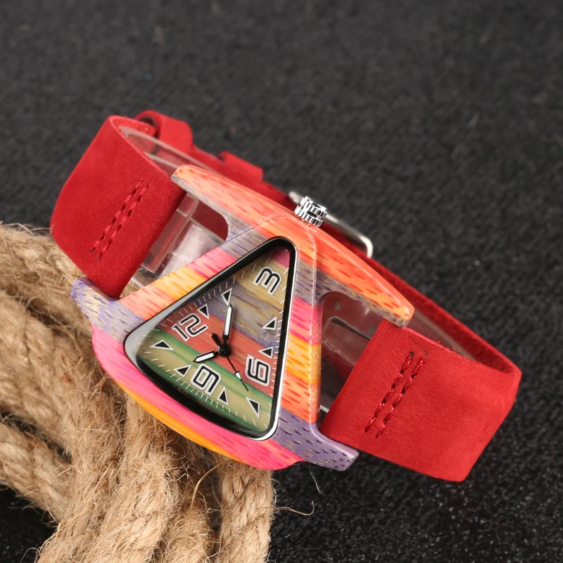 Уникальный треугольник полые деревянные кварцевые часы креативные кожаные часы женские Красочные наручные часы женские элегантные повседневные подарки