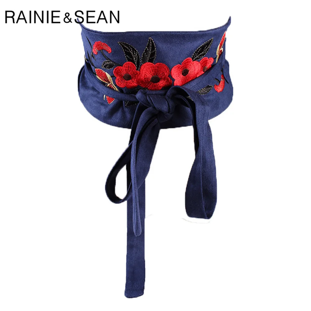 RAINIE SEAN бархатный женский ремень с голубой вышивкой широкий пояс-ремень для платьев Женский корсет самозавязывающийся Цветочный Пояс для