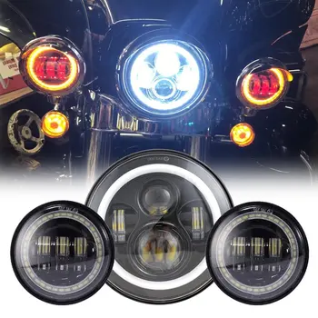 

7inch Motorcycle LED Halo Projector Headlight+ 2PCS 4.5" 30W LED Passing Fog Light+7inch Trim Ring for Motorcycle