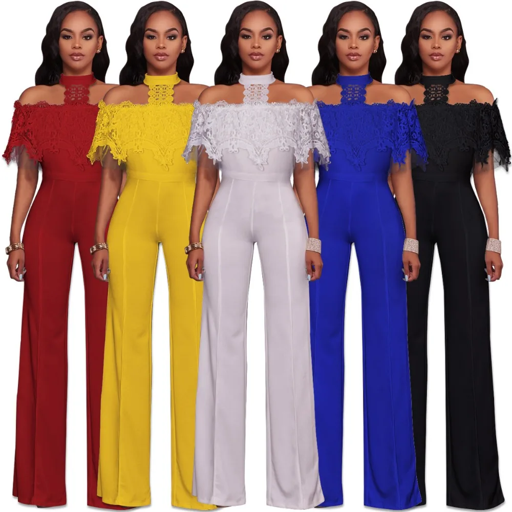 

2018 new hot women Leisure water soluble lace tube top hanging neck wide leg jumpsuit