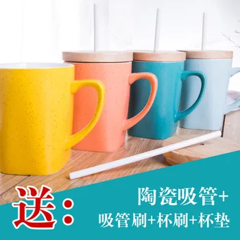 

Hot The ceramic mug cup Straw bulk White Coffee Cup Gift Mug with cover free shipping
