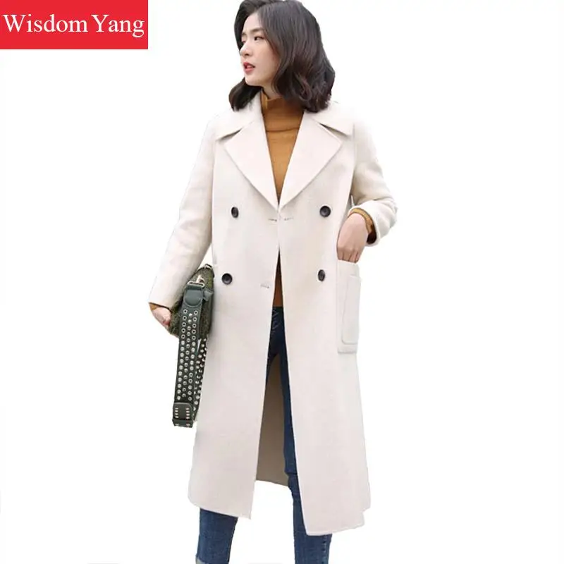 

Winter Coat Brown White Sheep Wool Aplaca 2018 Coats Women Plus Long Oversize Covered Bandage Slim Woolen Overcoat Outerwear